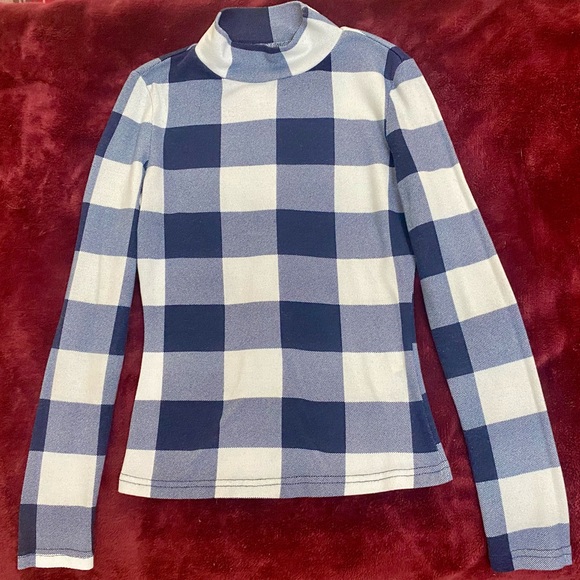 Blue and White Checkered Turtleneck Top - Picture 1 of 1